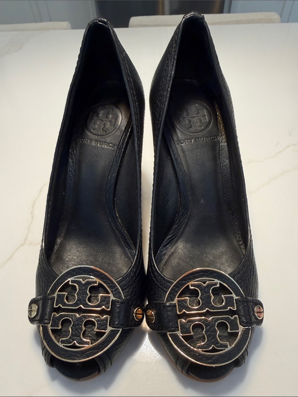 Tory Burch Black Leather Logo Peep-Toe Heels